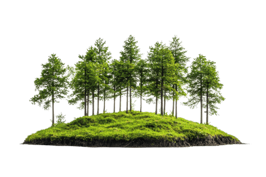 Lush green pine trees growing on a small mound of vibrant moss, isolated on a transparent background. png