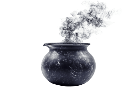 Mystical black cauldron emitting white smoke isolated on transparent background. ideal for fantasy or Halloween themed designs and projects. png