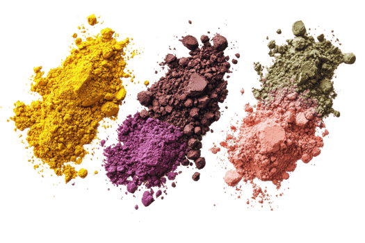 Vibrant and colorful powder pigments in yellow, purple, and green on a transparent background. Ideal for art, design, and creative projects. png