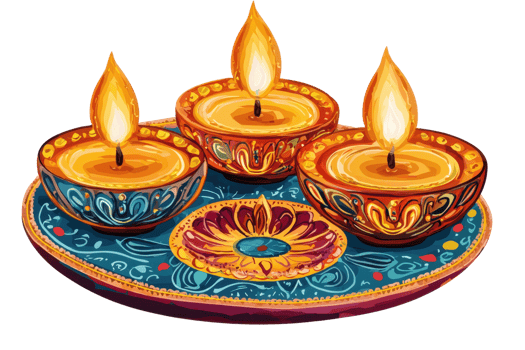 Artistic illustration of three lit candles on an ornate plate, symbolizing light, warmth, and celebration, perfect for festive decor. png