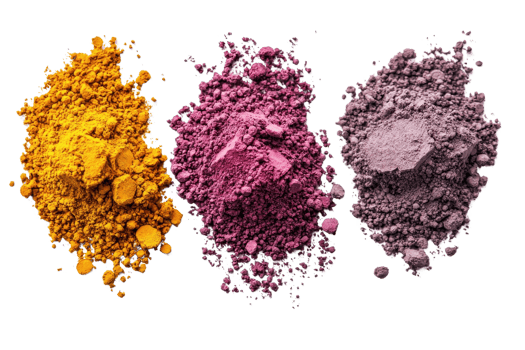 A vibrant arrangement of colorful powder pigments in yellow, pink, and purple hues isolated on a transparent background. png