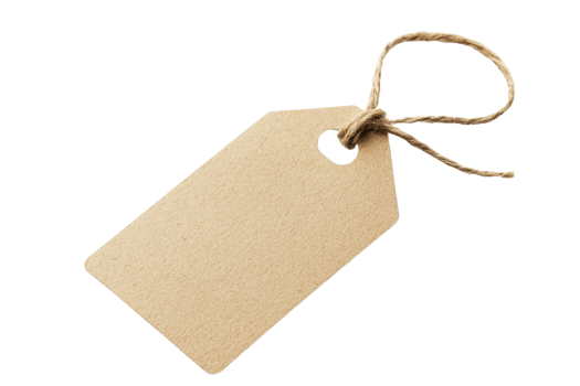 Brown kraft paper tag with twine isolated on transparent background. Ideal for gift wrapping, labeling, or DIY crafting projects. png