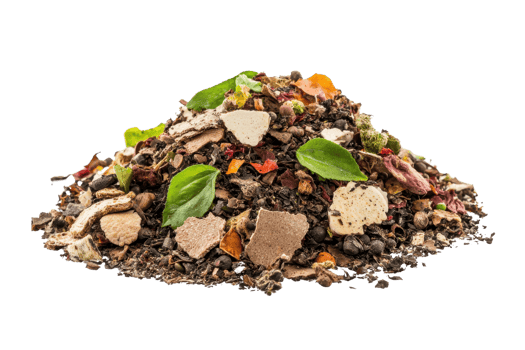 Close-up of a pile of dry mixed tea leaves with fruits and herbs, isolated on a transparent background. png