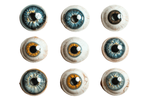 Collection of artificial human eyeballs in various colors arranged in a grid pattern, isolated on transparent background. png