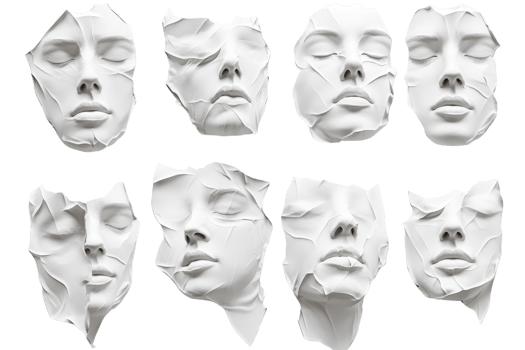 Collection of abstract white sculpted faces with various expressions and distortions, isolated on transparent background. png