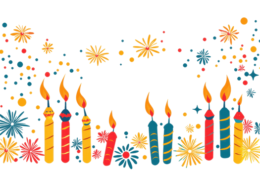 Colorful birthday candles surrounded by vibrant fireworks, creating a festive and celebratory atmosphere. png