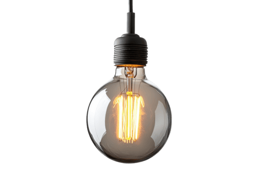 A close-up of a glowing vintage-style lightbulb hanging against a transparent background. showcasing its filament design and warm illumination. png