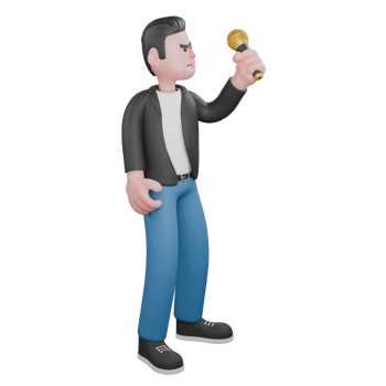 3D Musician Character. A male musician is standing facing left while his left hand is lifting the microphone. Vocalist png