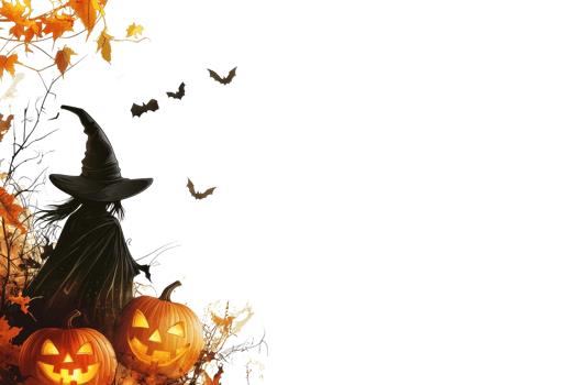 Spooky Halloween scene with glowing pumpkins, witch hat, and bats. Perfect for holiday and seasonal projects. Copy space included. png