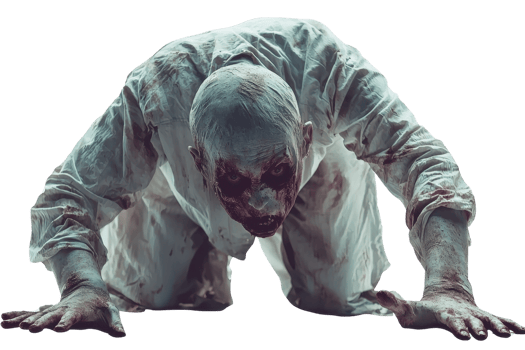 Creepy zombie in tattered clothes crawling on ground, horror concept, isolated on transparent background. png