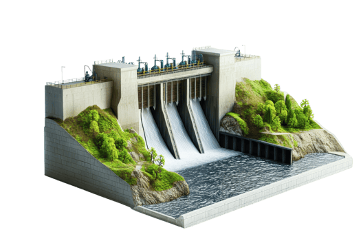 Cutout of a 3D model of a hydroelectric dam with flowing water, generating sustainable energy, surrounded by greenery. png