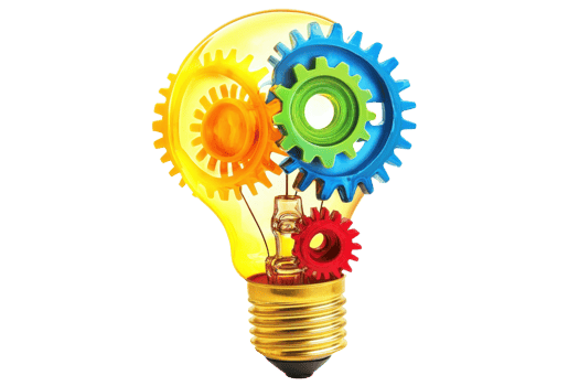 Colorful light bulb with interlocking gears representing innovation and creativity. Ideal for business, technology, and idea-related themes. png