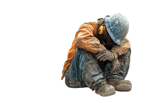 Exhausted construction worker sitting on ground, wearing blue helmet, orange jacket, and yellow earmuffs, portraying fatigue and hard labor. png