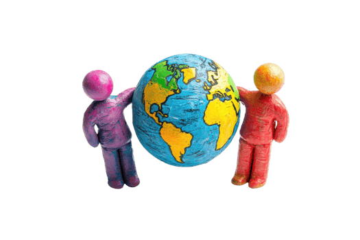Colorful clay figures holding a detailed globe representing unity and diversity. Ideal for global concepts, education, and international themes. png