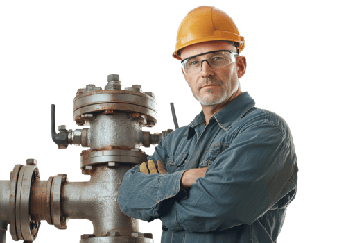 Confident industrial worker with hard hat and safety glasses, standing next to machinery with arms crossed in a factory setting. png