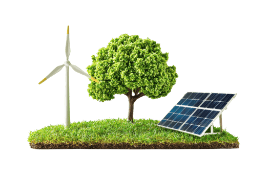 Image depicting renewable energy sources with a wind turbine, solar panel, and tree symbolizing eco-friendly and sustainable energy solutions. png