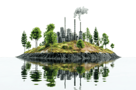 Industrial complex on a small island with lush greenery and smoke stacks, reflecting in calm water, depicting environmental impact. png