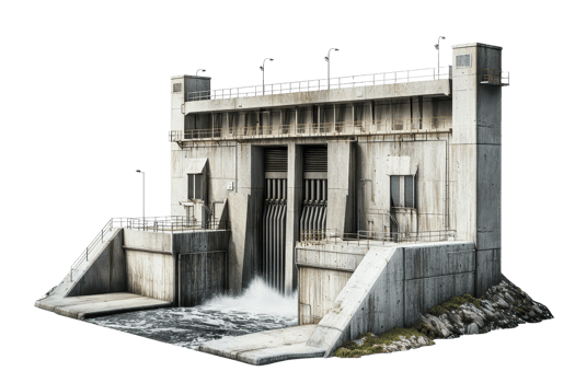 Hydroelectric dam generating renewable energy with flowing water, gray infrastructure, environmental sustainability, and clean power source. png