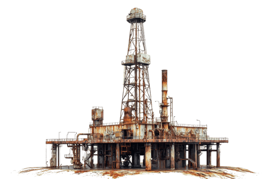 Rusty abandoned oil drilling rig with detailed textures, showcasing industrial decay and the power of nature's reclamation. png