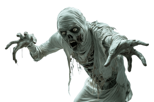 Terrifying mummy reaching out with decayed bandages, perfect for horror and Halloween-themed designs. png