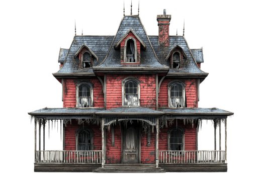 Spooky Victorian haunted house with eerie architecture, perfect for Halloween themes and ghost stories. Dark, abandoned, overgrown entrance. png