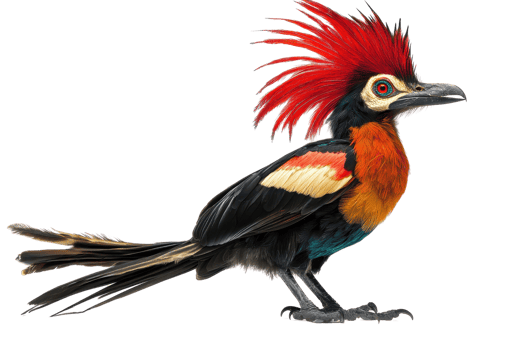 Vibrant exotic bird with bright red crest and vivid plumage, isolated image showcasing unique wildlife and colorful feathers. png
