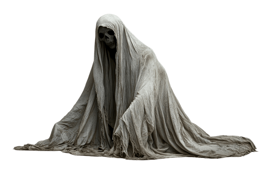 A ghostly figure draped in tattered cloth, evoking a haunting and eerie atmosphere, perfect for Halloween themes. png