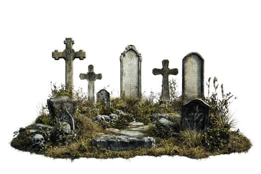 An old, overgrown graveyard with weathered tombstones and crosses, surrounded by plants and weeds, creating a somber and eerie atmosphere. png