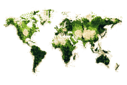 Artistic representation of the world map made with green foliage, emphasizing nature and global environmental themes. png