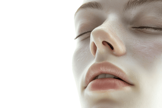 Close-up of a serene face with soft lighting on skin, emphasizing natural texture and calm expression. Perfect for beauty or skincare themes. png