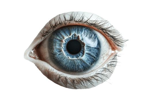 Close-up of a human eye showing detailed iris pattern and texture. Perfect for medical, optical, and artistic uses. png