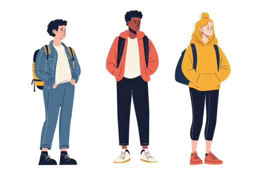 Illustration of three diverse young people standing with backpacks, dressed in casual clothing. png