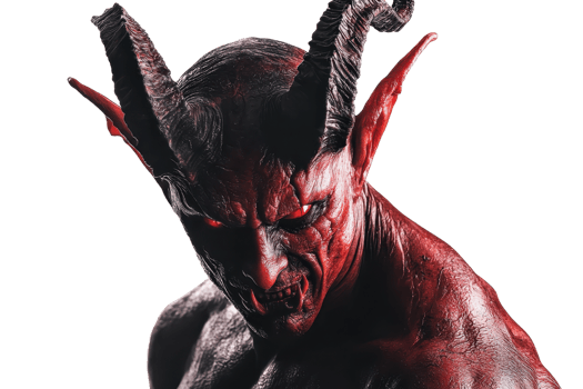 Realistic demon with glowing red eyes and menacing expression. Detailed, scary, and perfect for horror themes or Halloween designs. png