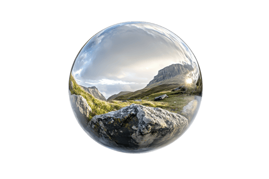 Reflective sphere capturing serene mountain landscape, blending nature with creative distortion. Ideal for backgrounds, nature, or creative projects. png