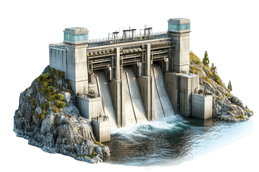 A detailed illustration of a dam with water flowing through the spillways, surrounded by rocky terrain and greenery. png