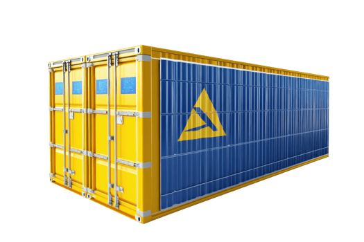 Blue and yellow shipping container with a geometric logo. Ideal for transport, logistics, and storage-themed projects. png