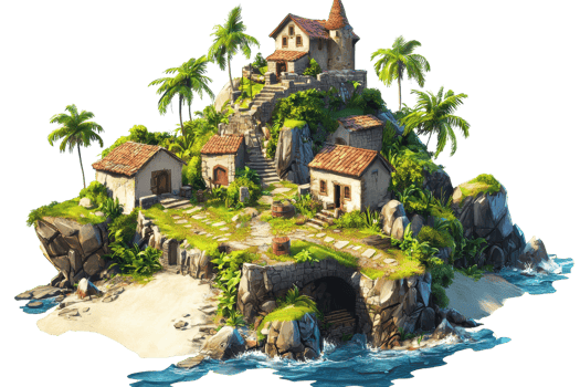 A picturesque island village with quaint houses on a cliff surrounded by palm trees and a sandy beach beside crystal-clear water. png