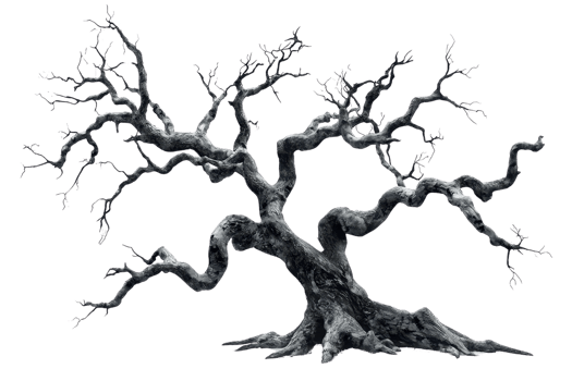 A striking image of a bare, twisted tree with dark branches, creating a haunting and eerie atmosphere, perfect for spooky and mysterious settings. png