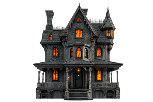 A spooky old mansion with glowing windows creates a haunted atmosphere, perfect for Halloween themed images and stories. png