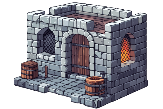 Cartoon-style medieval stone building with wooden door and windows, ideal for fantasy game or illustration designs. png
