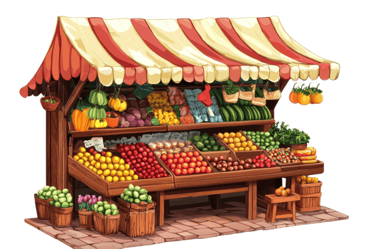 Colorful market stall with various fresh fruits and vegetables, under a striped canopy, perfect for healthy lifestyle visuals. png