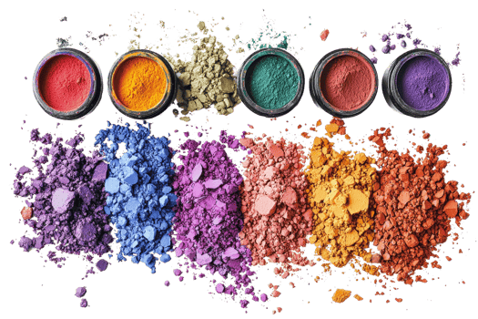Colorful powdered pigments in various shades arranged in a line, showcasing vibrant and diverse hues, perfect for art and design projects. png