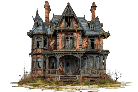 Eerie abandoned Victorian manor with broken windows and overgrown yard, perfect for Halloween, horror, and spooky-themed projects. png