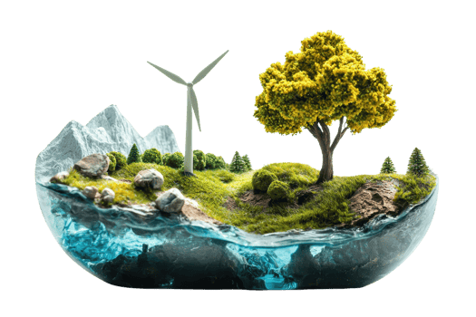 Eco-friendly terrarium with a wind turbine, tree, and mountains, representing nature conservation and renewable energy. png