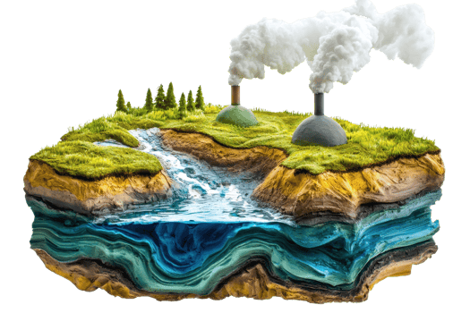 Environmental impact illustration showing industrial pollution with factory smoke on layered land cross-section and a river flowing. png
