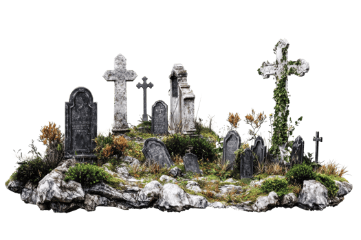 Historic, weathered cemetery with ancient tombstones and crosses surrounded by overgrown plants and stones. png