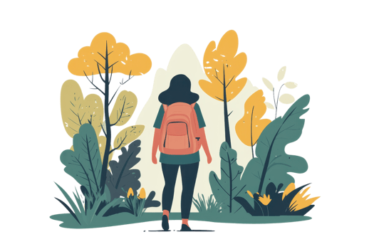 Illustration of a woman hiking in nature with a backpack, surrounded by trees and plants, enjoying an outdoor adventure. png
