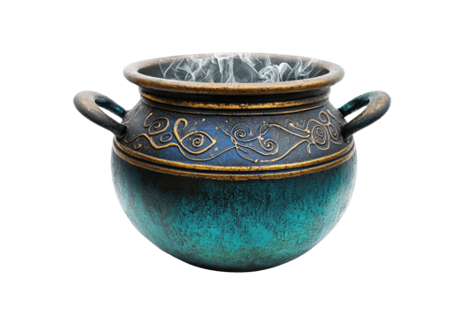 Ornate ceramic pot with intricate golden designs and dual handles, showcasing rich blue and green hues. png