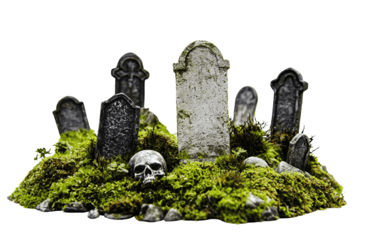 Old and moss-covered tombstones in an eerie cemetery with a visible human skull in the foreground, symbolizing death and decay. png