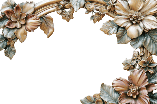 Ornate vintage floral frame with detailed flowers and leaves in gold and bronze tones. Ideal for invitations and artistic designs. png